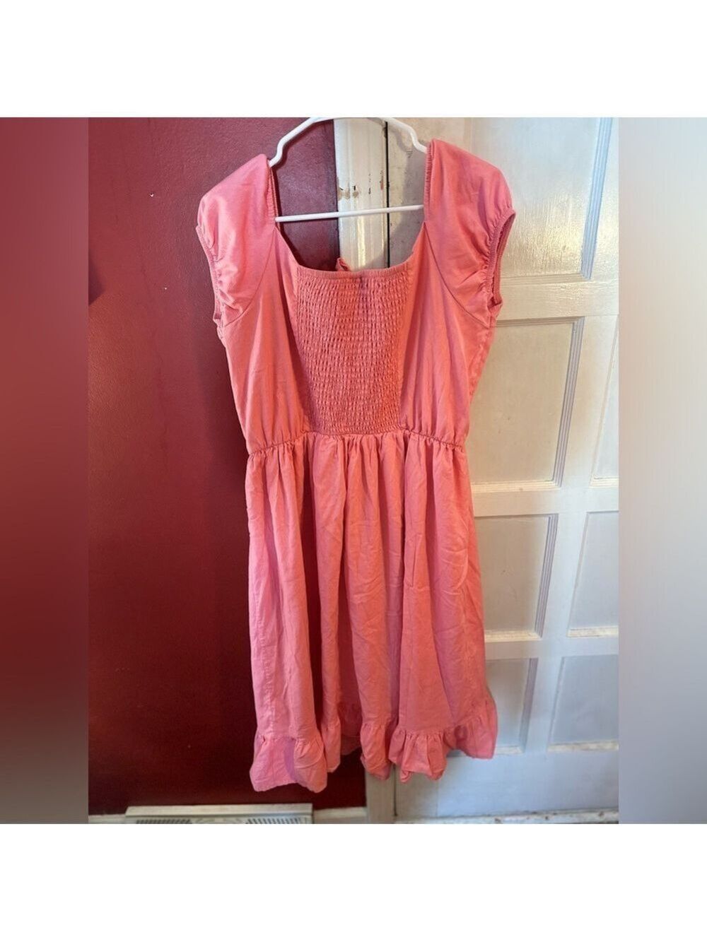 Blueberi Boulevard Embroidered Milk Maid Dress Coral Pink Puff Sleeve Ruffle Hem - Picture 7 of 10